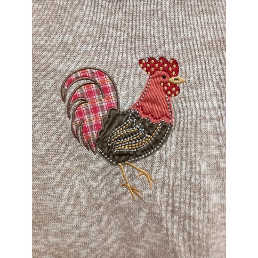 90s VTG CJ Banks Sweater Womens 1X Tan Rooster Hand Embroidered Farmcore Cotton - Picture 2 of 11